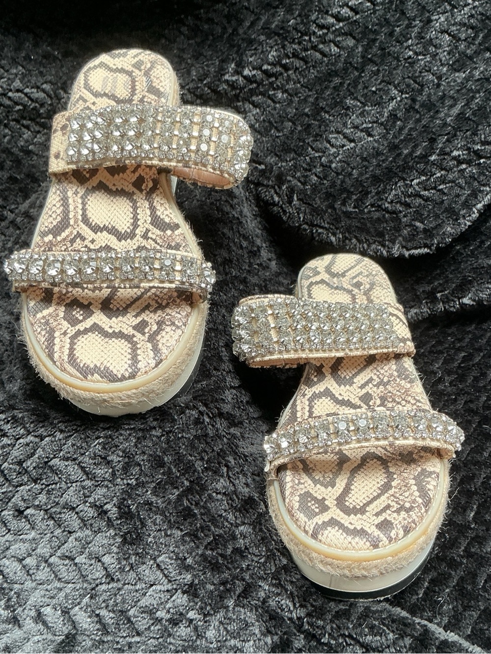 Jennifer Lopez Crystal Double-Strap Snake-Print Slide Sandals - Beige